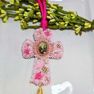Beautiful Pink Cross With Saint Benedict For Protection Handmade with Crystals